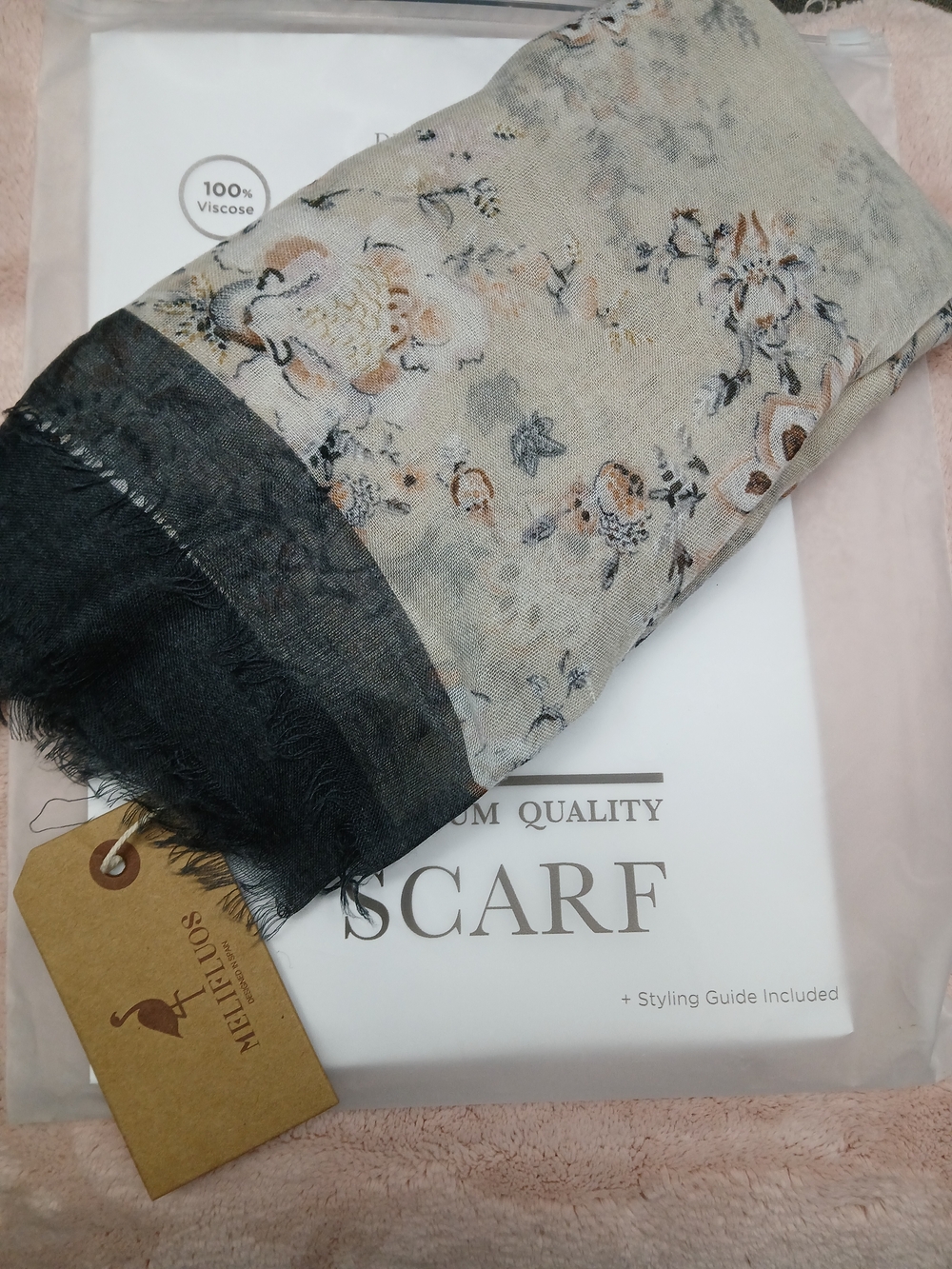 Floral Viscose Scarf with Black Border